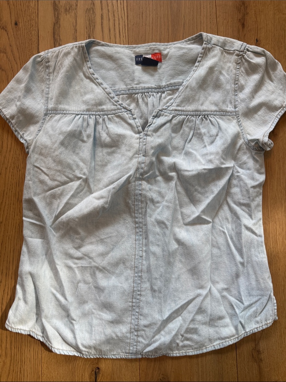 French Cuff Light Wash Denim Top with Red Logo Tab